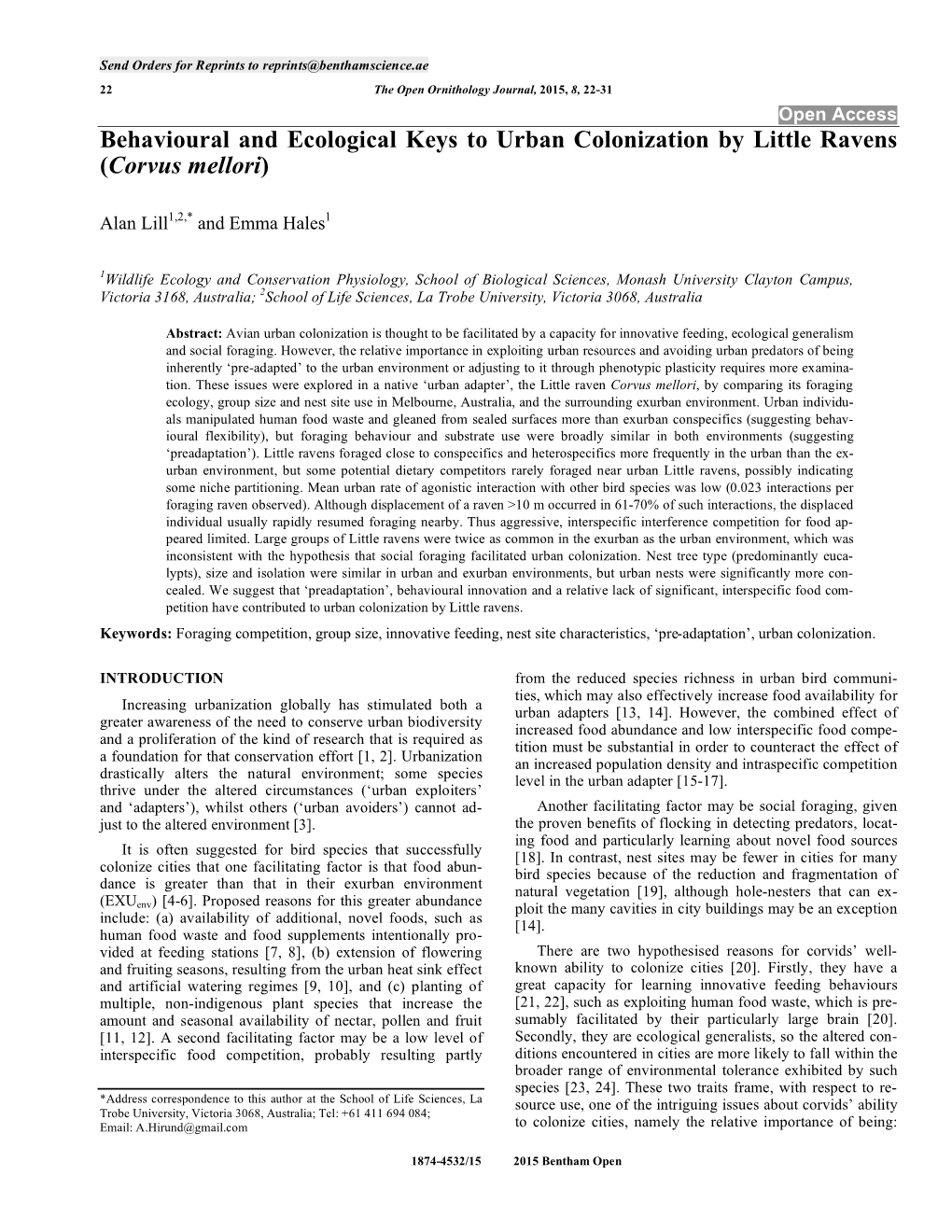 Behavioural and Ecological Keys to Urban Colonization by Little Ravens (Corvus Mellori)