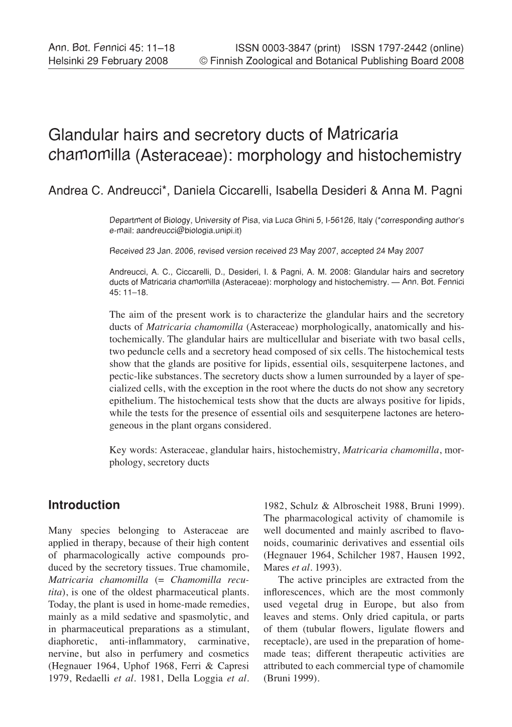 Matricaria Chamomilla (Asteraceae): Morphology and Histochemistry