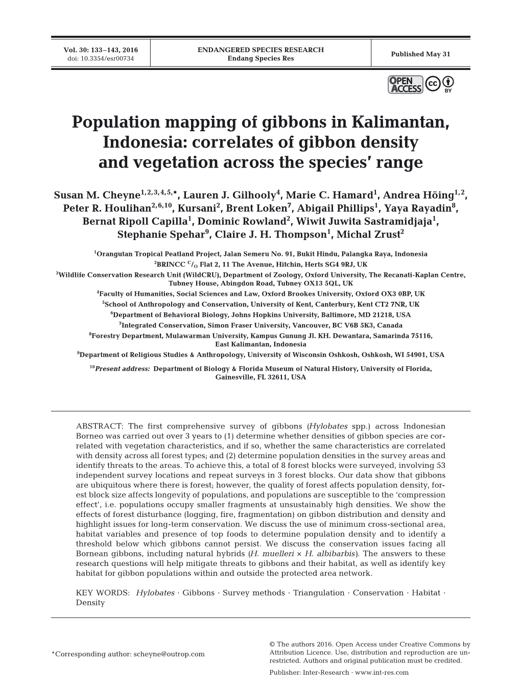 Population Mapping of Gibbons in Kalimantan, Indonesia: Correlates of Gibbon Density and Vegetation Across the Species’ Range