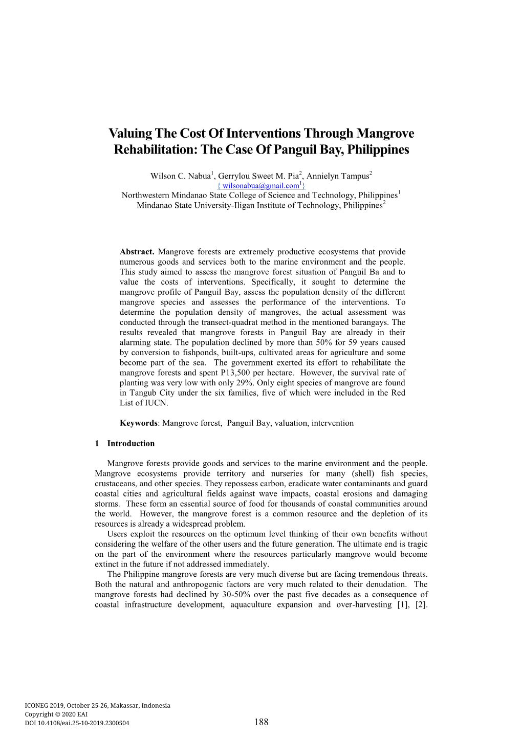 Valuing the Cost of Interventions Through Mangrove Rehabilitation: the Case of Panguil Bay, Philippines