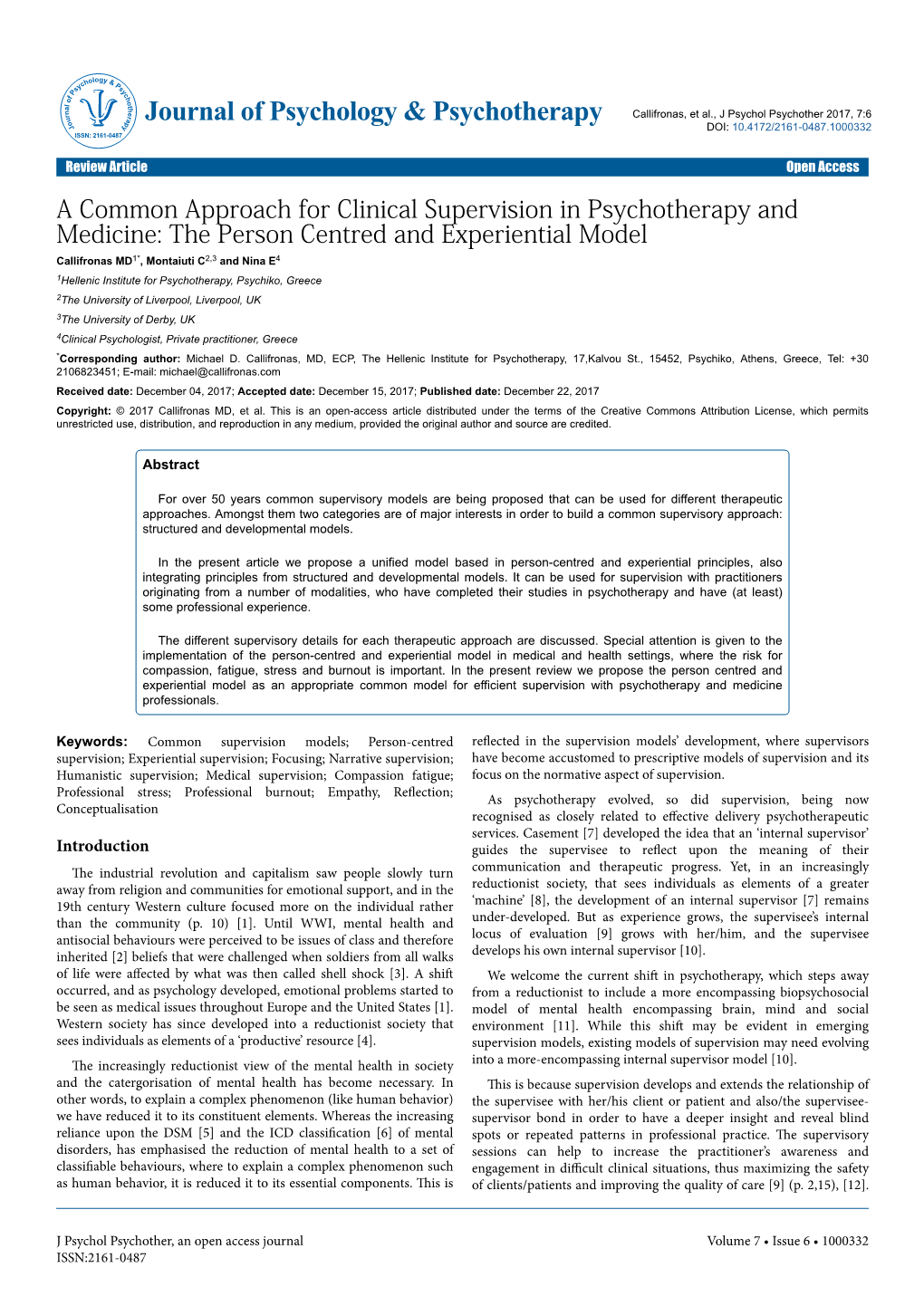 A Common Approach for Clinical Supervision in Psychotherapy and Medicine: the Person Centred and Experiential Model