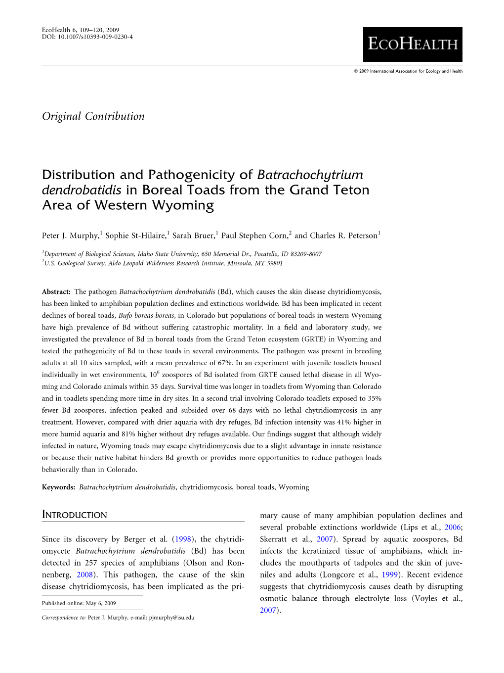Batrachochytrium Dendrobatidis in Boreal Toads from the Grand Teton Area of Western Wyoming