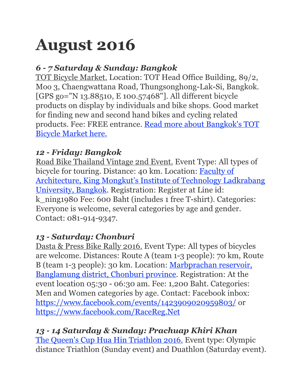 Bicyclethailand.Com August 2016 Events Calendar