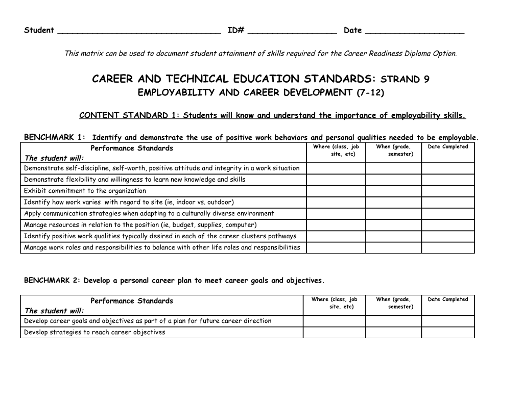 Career Readiness Standards and Benchmarks