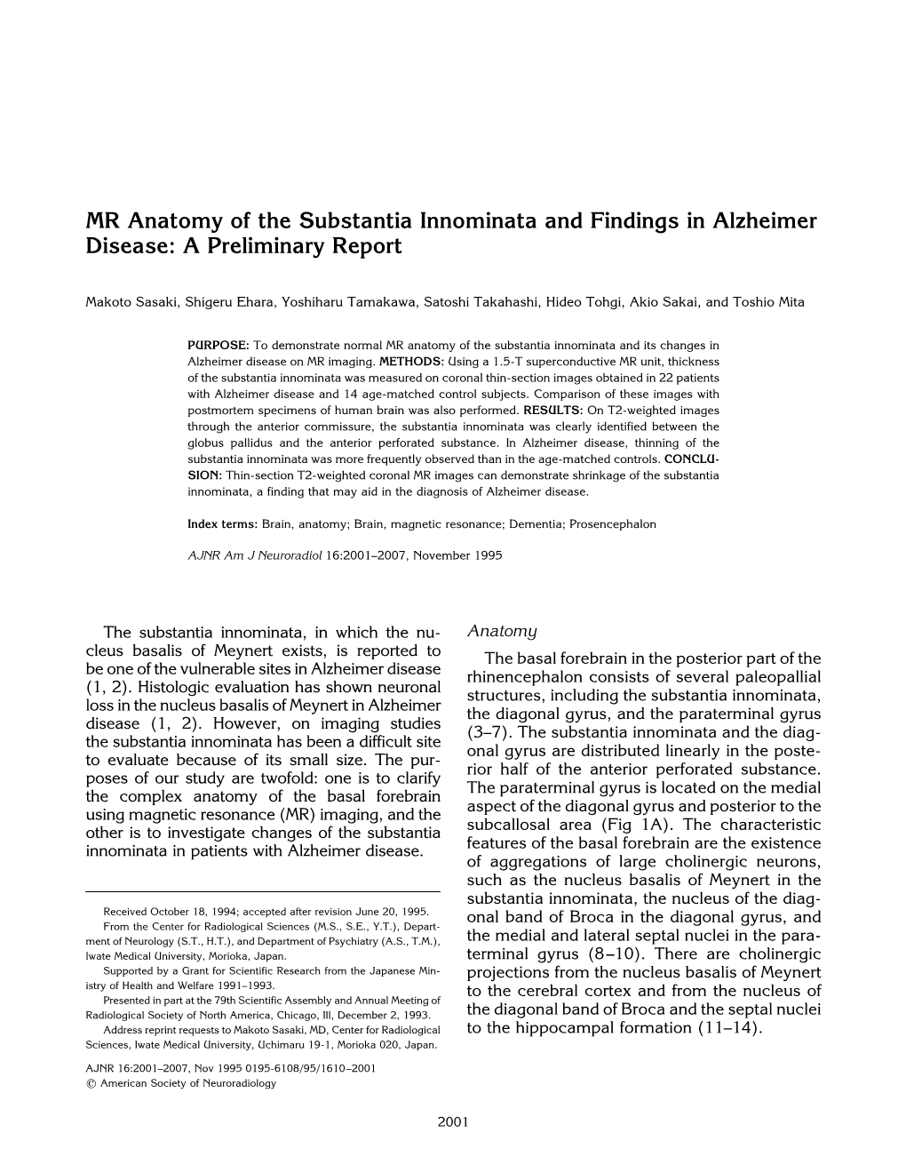MR Anatomy of the Substantia Innominata and Findings in Alzheimer Disease: a Preliminary Report