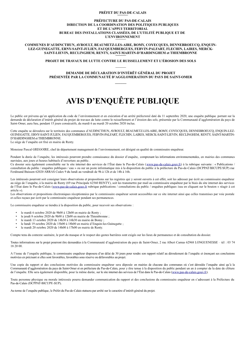 Avis D'ouverture De L'enquête Publique