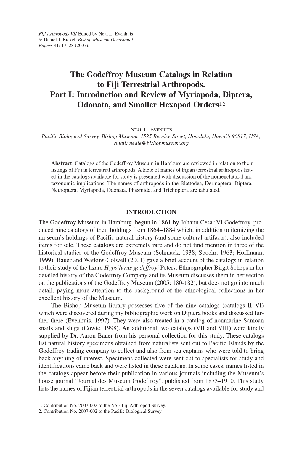 The Godeffroy Museum Catalogs in Relation to Fiji Terrestrial Arthropods