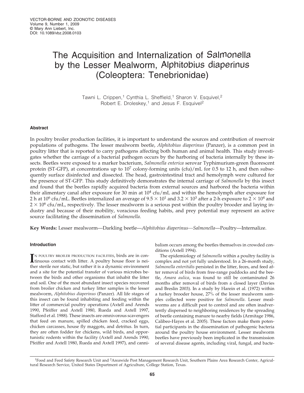 The Acquisition and Internalization of Salmonella by the Lesser Mealworm, Alphitobius Diaperinus (Coleoptera: Tenebrionidae)