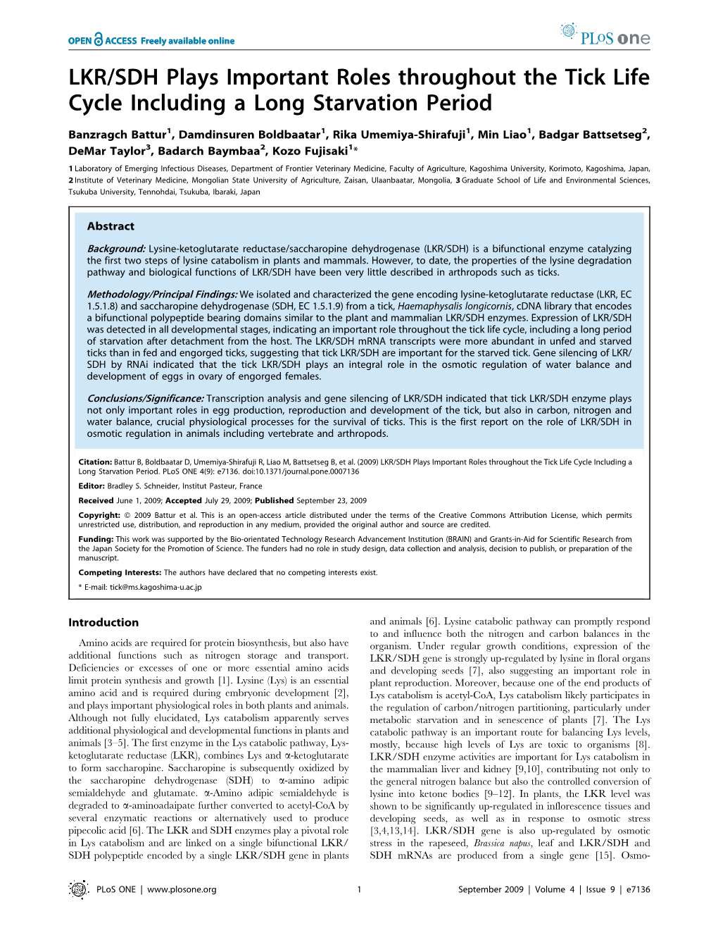 LKR/SDH Plays Important Roles Throughout the Tick Life Cycle Including a Long Starvation Period