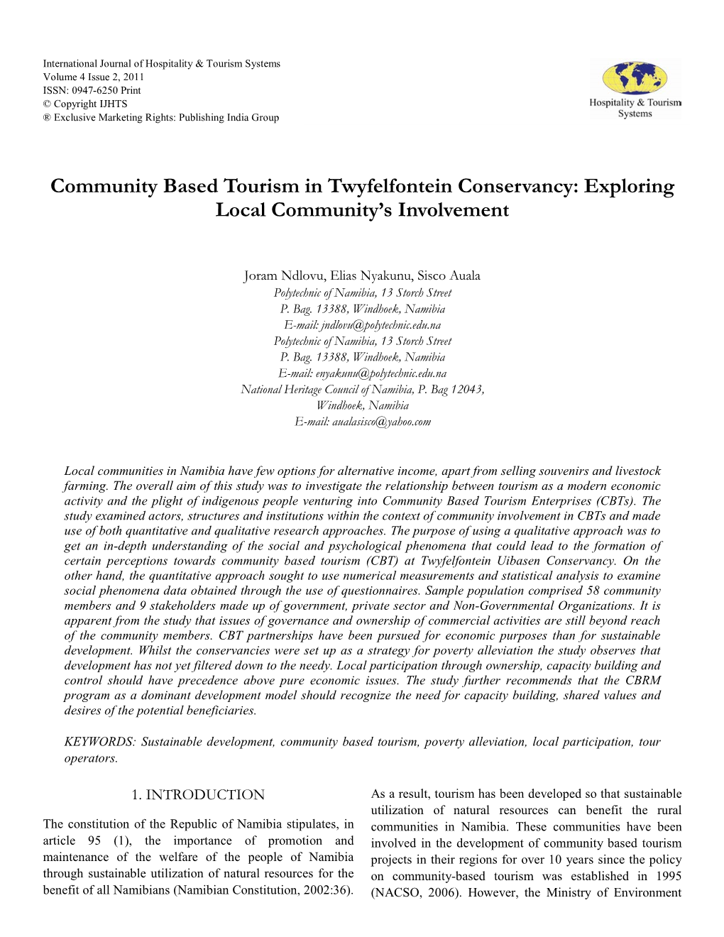 Community Based Tourism in Twyfelfontein Conservancy: Exploring Local Community’S Involvement