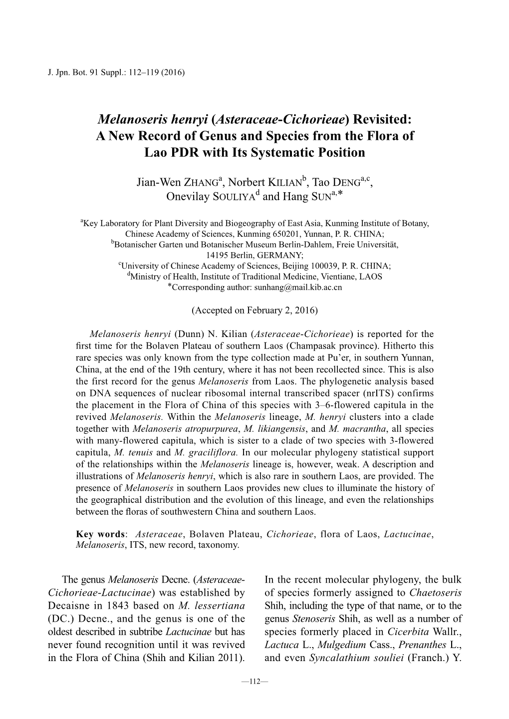 Melanoseris Henryi (Asteraceae-Cichorieae) Revisited: a New Record of Genus and Species from the Flora of Lao PDR with Its Systematic Position