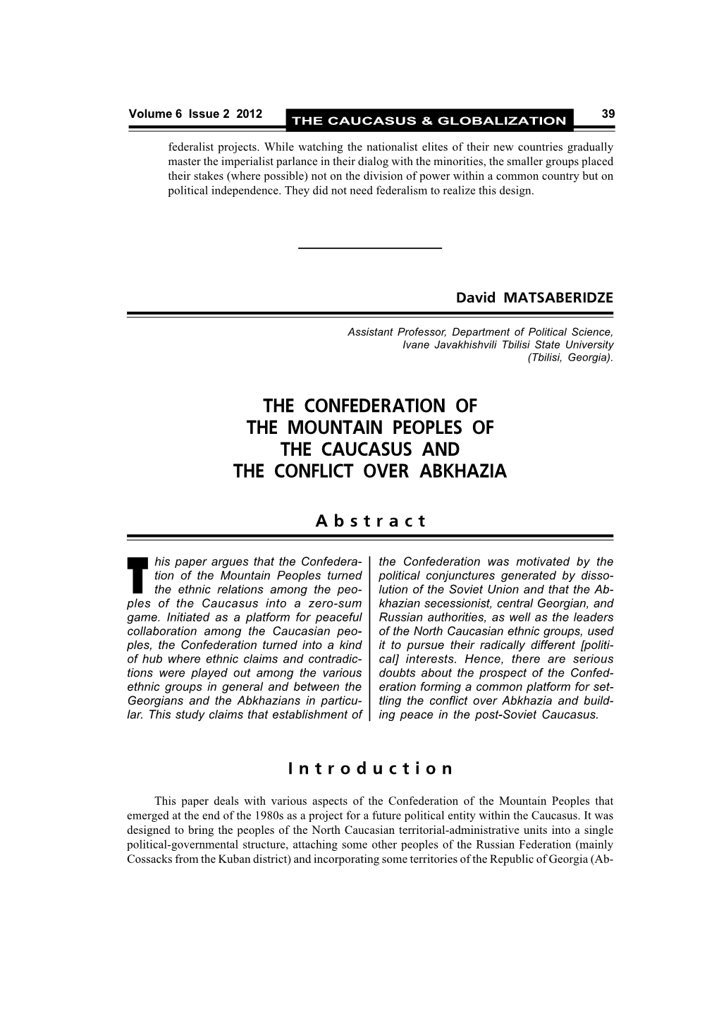 The Confederation of the Mountain Peoples of the Caucasus and the Conflict Over Abkhazia