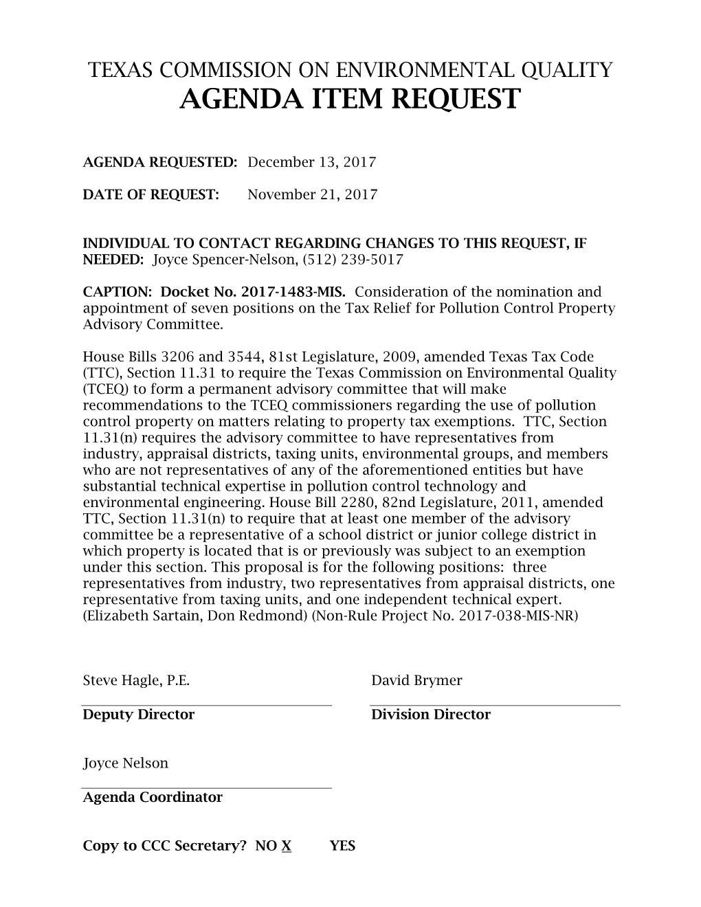 Docket No. 2017-1483-MIS. Consideration of the Nomination and Appointment of Seven Positions on the Tax Relief for Pollution Control Property Advisory Committee