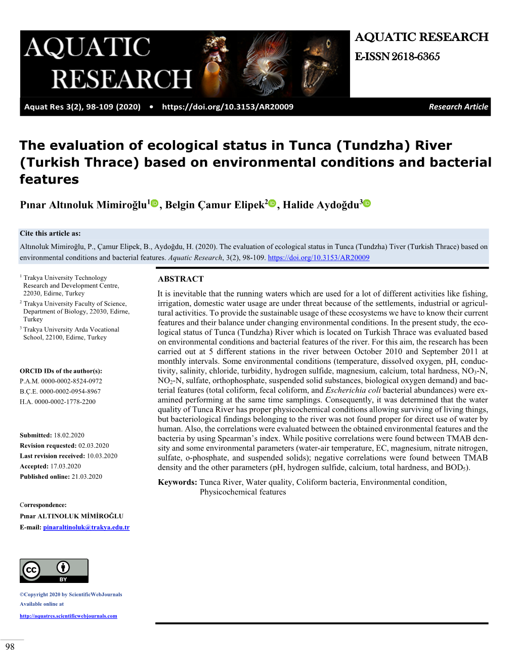 The Evaluation of Ecological Status in Tunca (Tundzha) River (Turkish Thrace) Based on Environmental Conditions and Bacterial Features