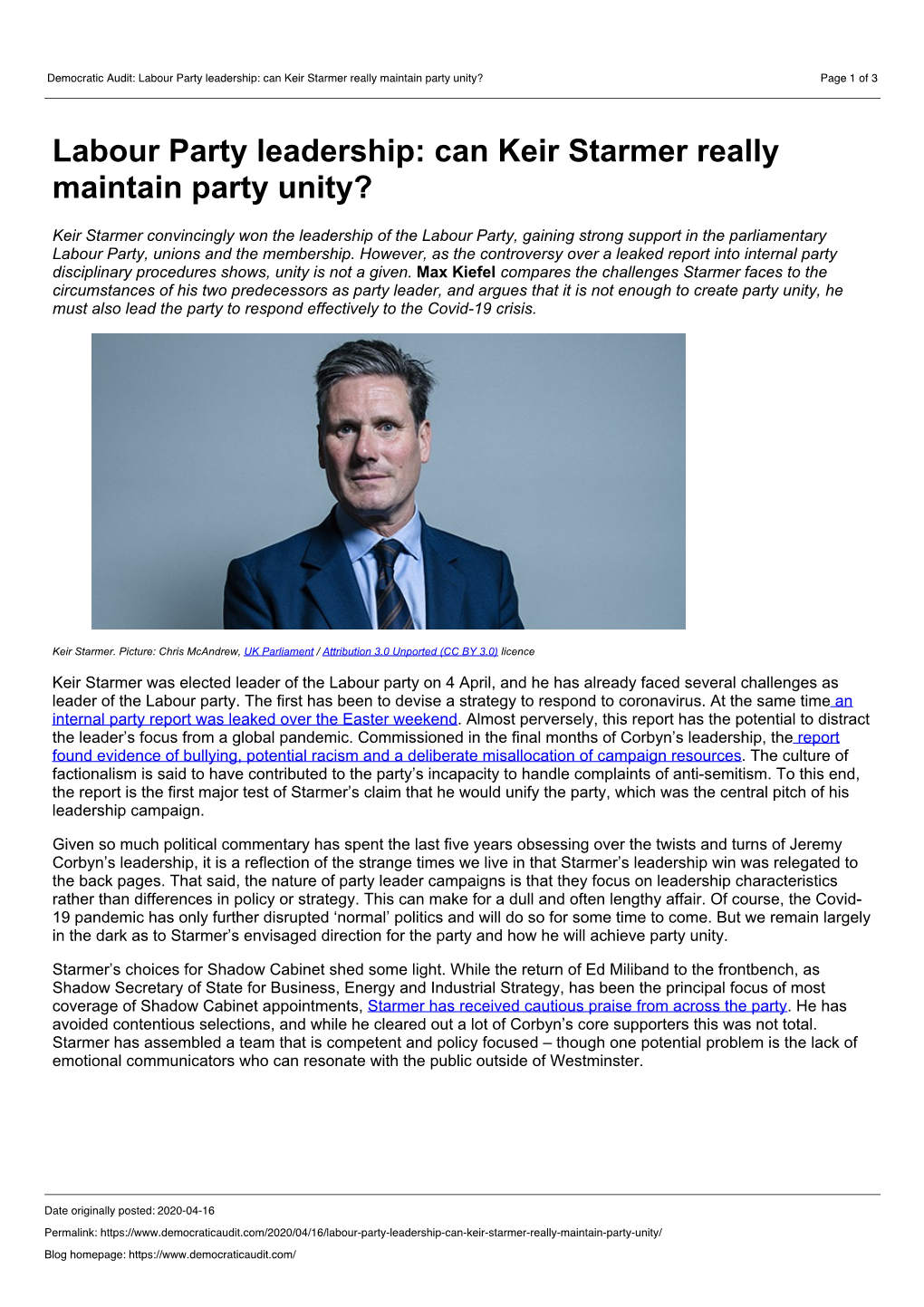 Democratic Audit: Labour Party Leadership: Can Keir Starmer Really Maintain Party Unity? Page 1 of 3