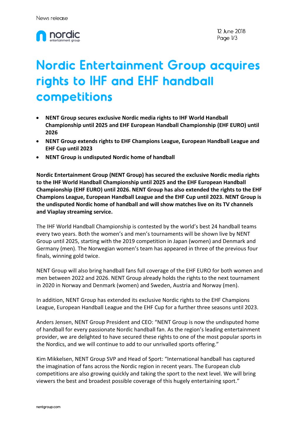 • NENT Group Secures Exclusive Nordic Media Rights to IHF World Handball Championship Until 2025 and EHF European Handball