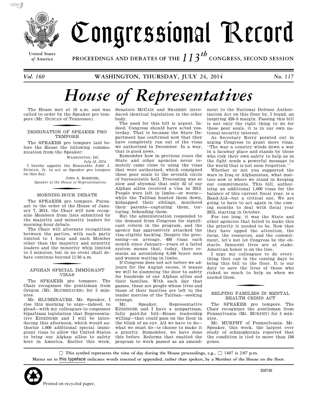 Congressional Record United States Th of America PROCEEDINGS and DEBATES of the 113 CONGRESS, SECOND SESSION