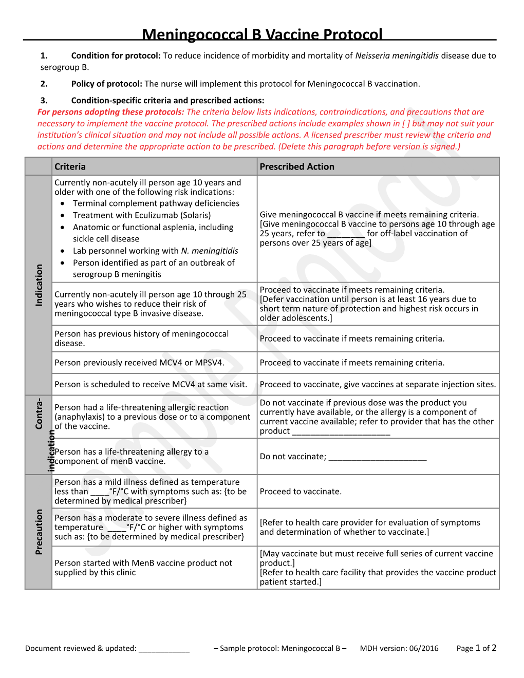 Meningococcal B Vaccine Protocol Template - Minnesota Dept. of Health