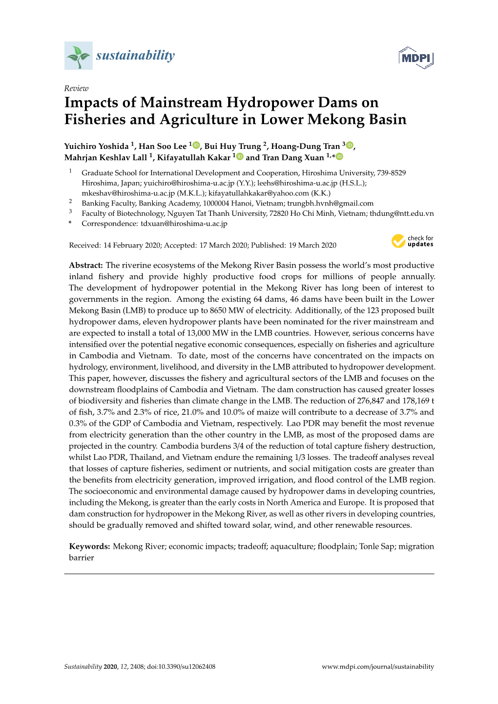 Impacts of Mainstream Hydropower Dams on Fisheries and Agriculture in Lower Mekong Basin