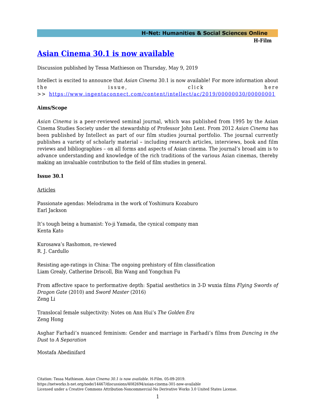 Asian Cinema 30.1 Is Now Available