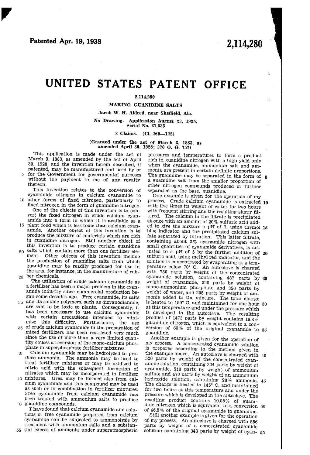 UNITED STATES PATENT OFFICE 2,114,280 MAKING GUANDINE SALTS Jacob W