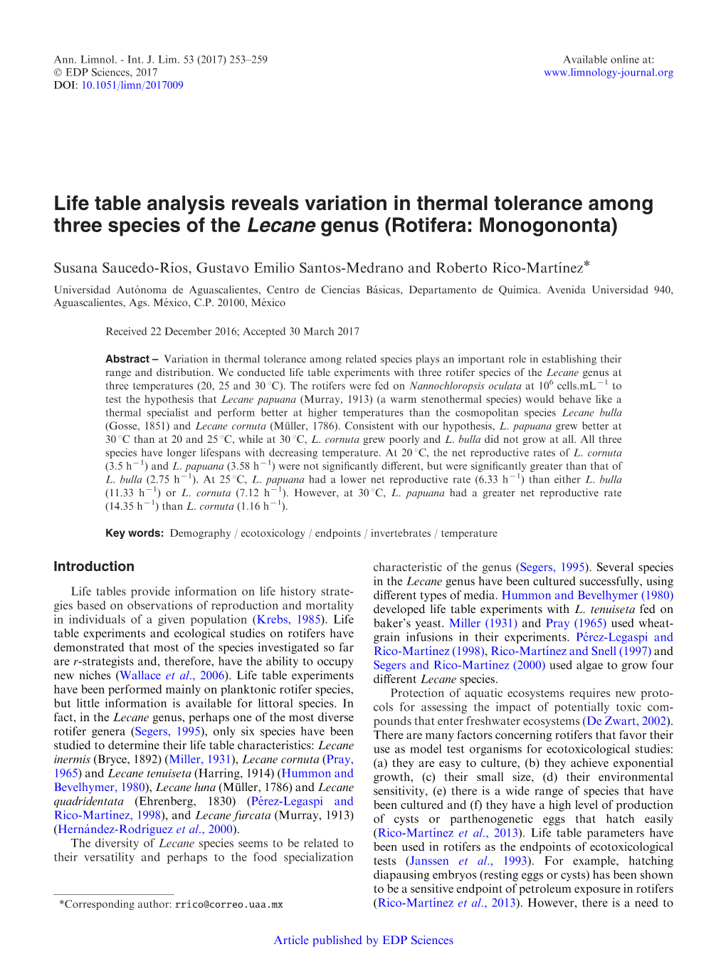 Life Table Analysis Reveals Variation in Thermal Tolerance Among Three Species of the Lecane Genus (Rotifera: Monogononta)