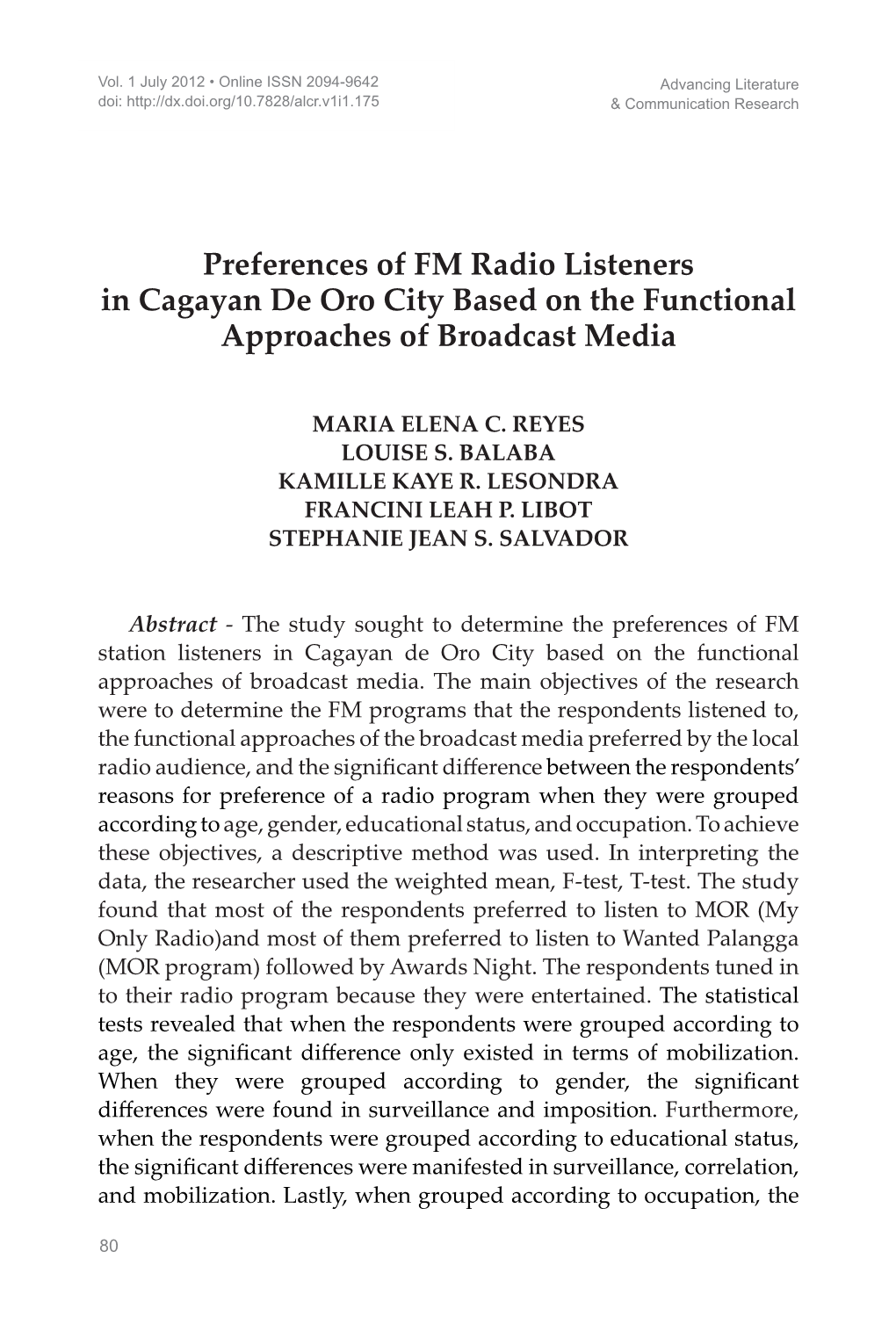 Preferences of FM Radio Listeners in Cagayan De Oro City Based on the Functional Approaches of Broadcast Media