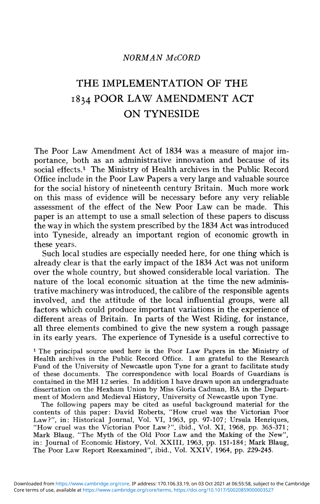 The Implementation of the 1834 Poor Law Amendment Act on Tyneside