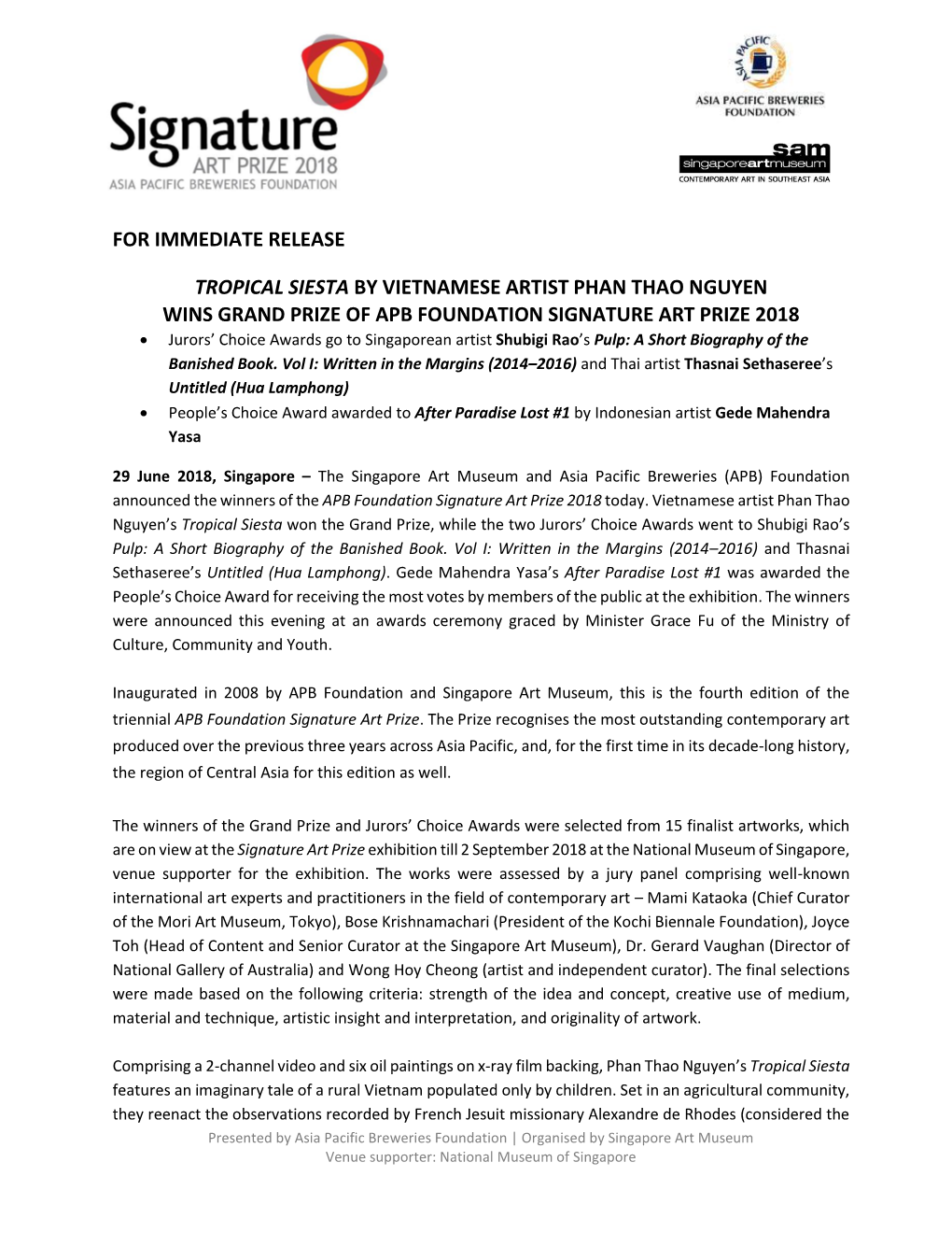 For Immediate Release Tropical Siesta by Vietnamese Artist Phan Thao Nguyen Wins Grand Prize of Apb Foundation Signature Art Pr