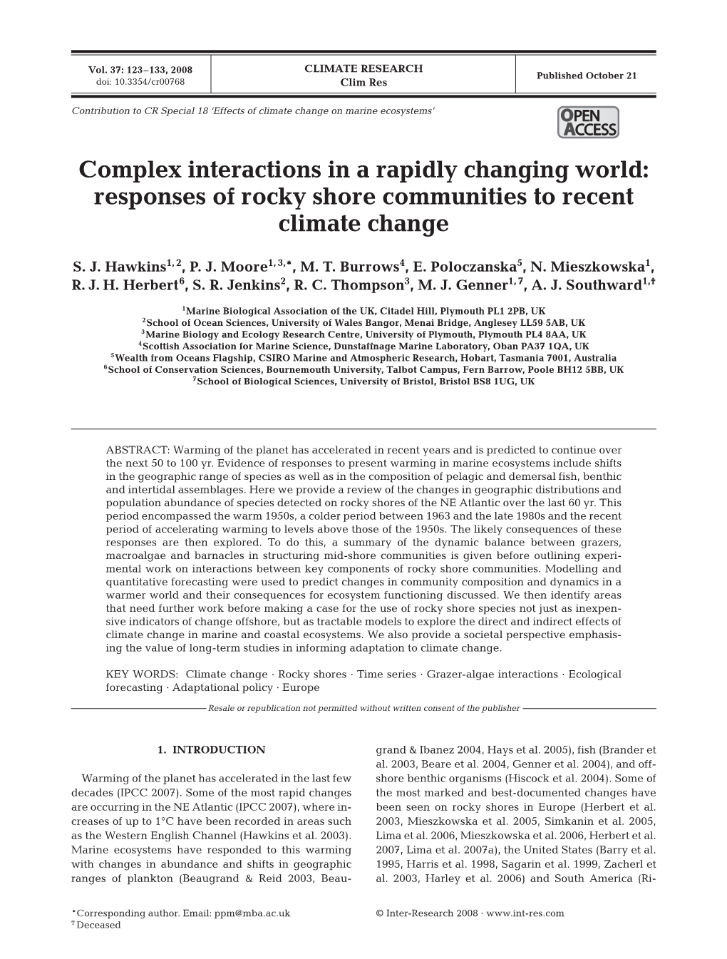 Complex Interactions in a Rapidly Changing World: Responses of Rocky Shore Communities to Recent Climate Change