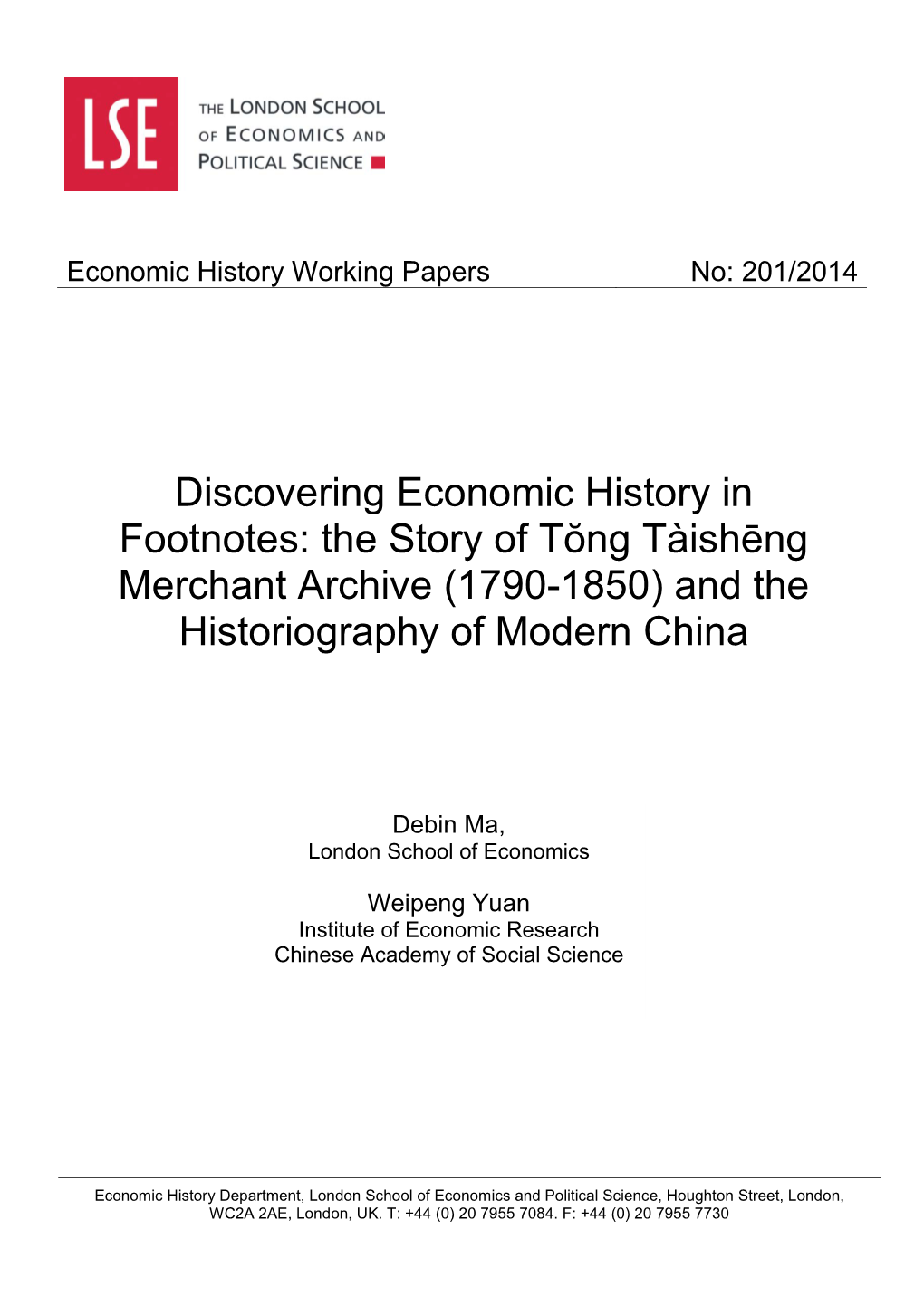 Discovering Economic History in Footnotes: the Story of Tŏng Tàishēng Merchant Archive (1790-1850) and the Historiography of Modern China