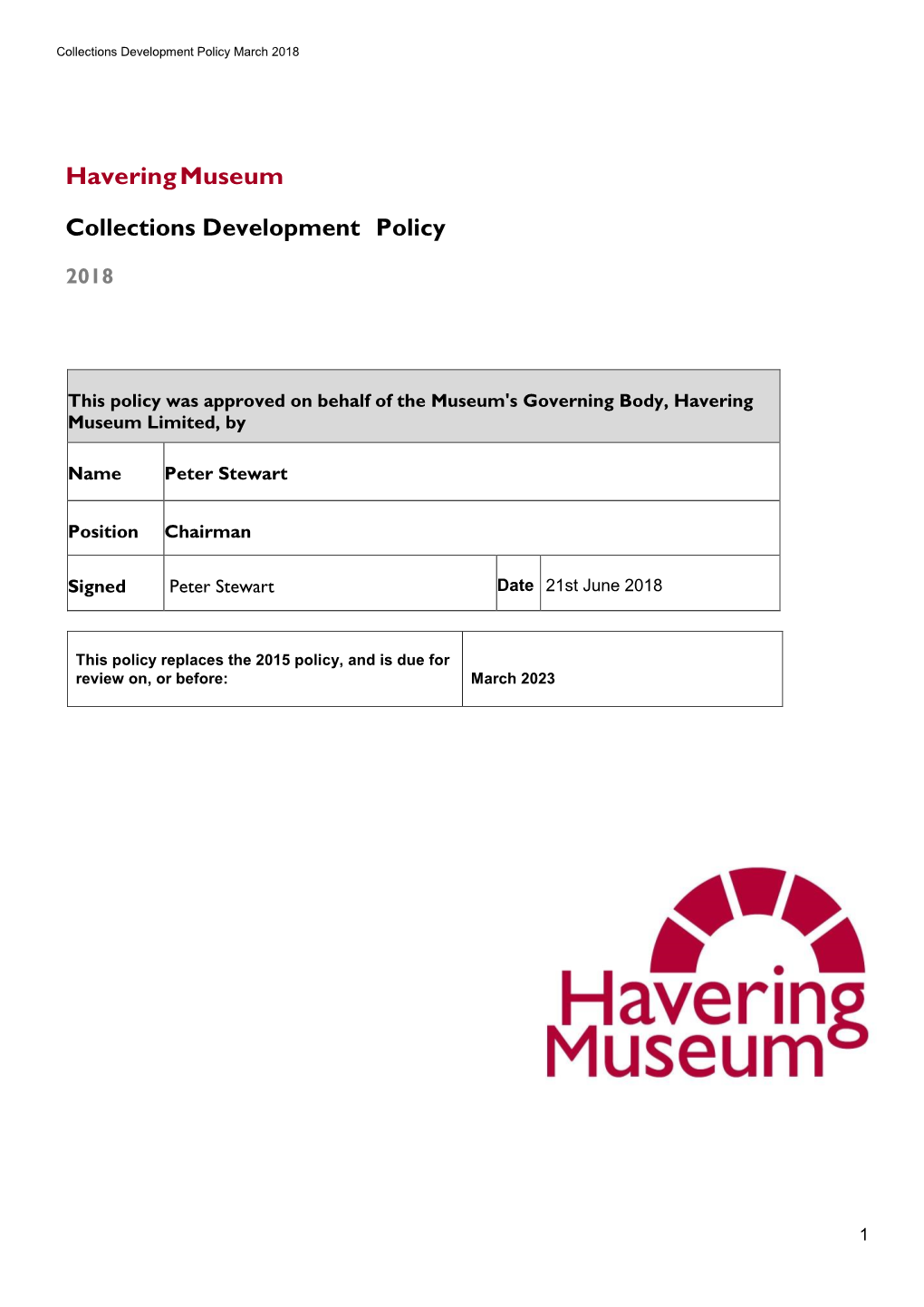 Havering Museum Collections Development Policy