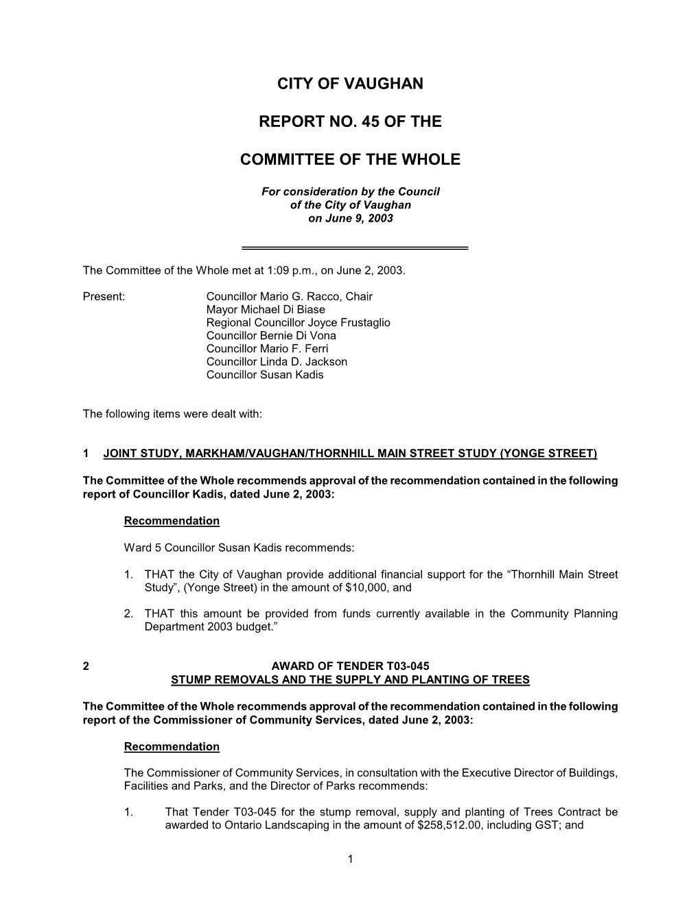 City of Vaughan Report No. 45 of the Committee of the Whole