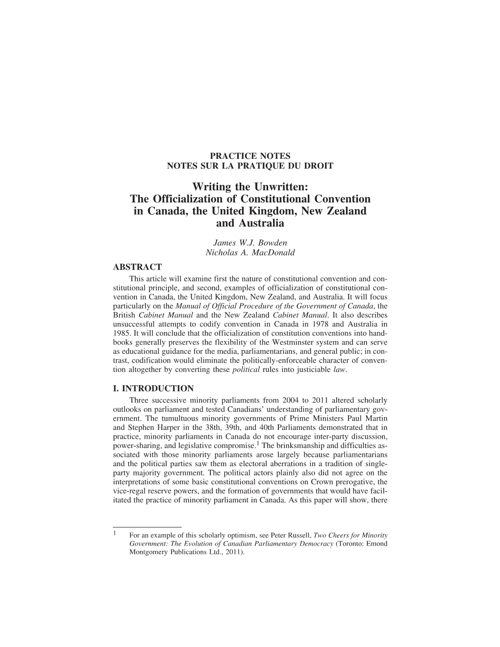 Writing the Unwritten: the Officialization of Constitutional Convention in Canada, the United Kingdom, New Zealand and Australia