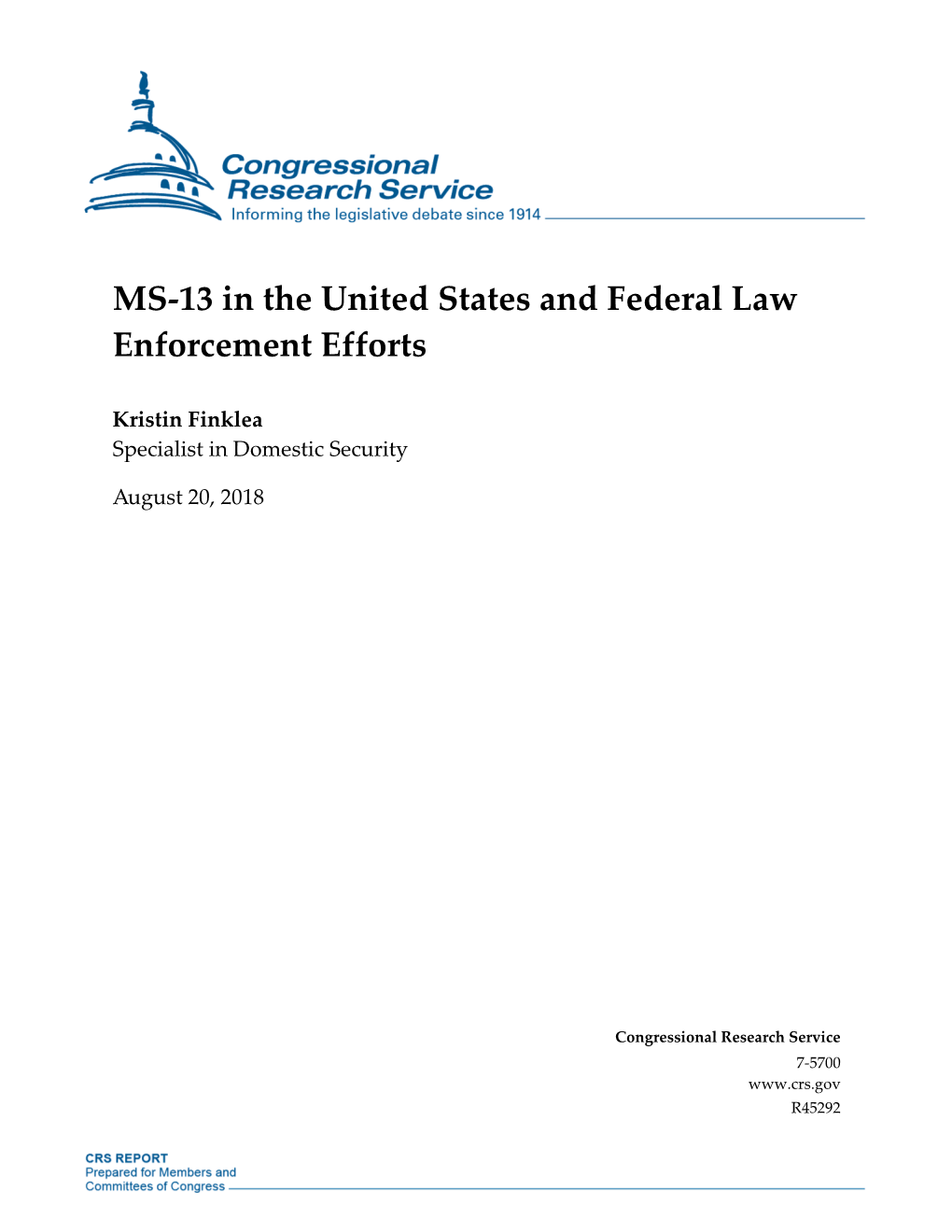 MS-13 in the United States and Federal Law Enforcement Efforts