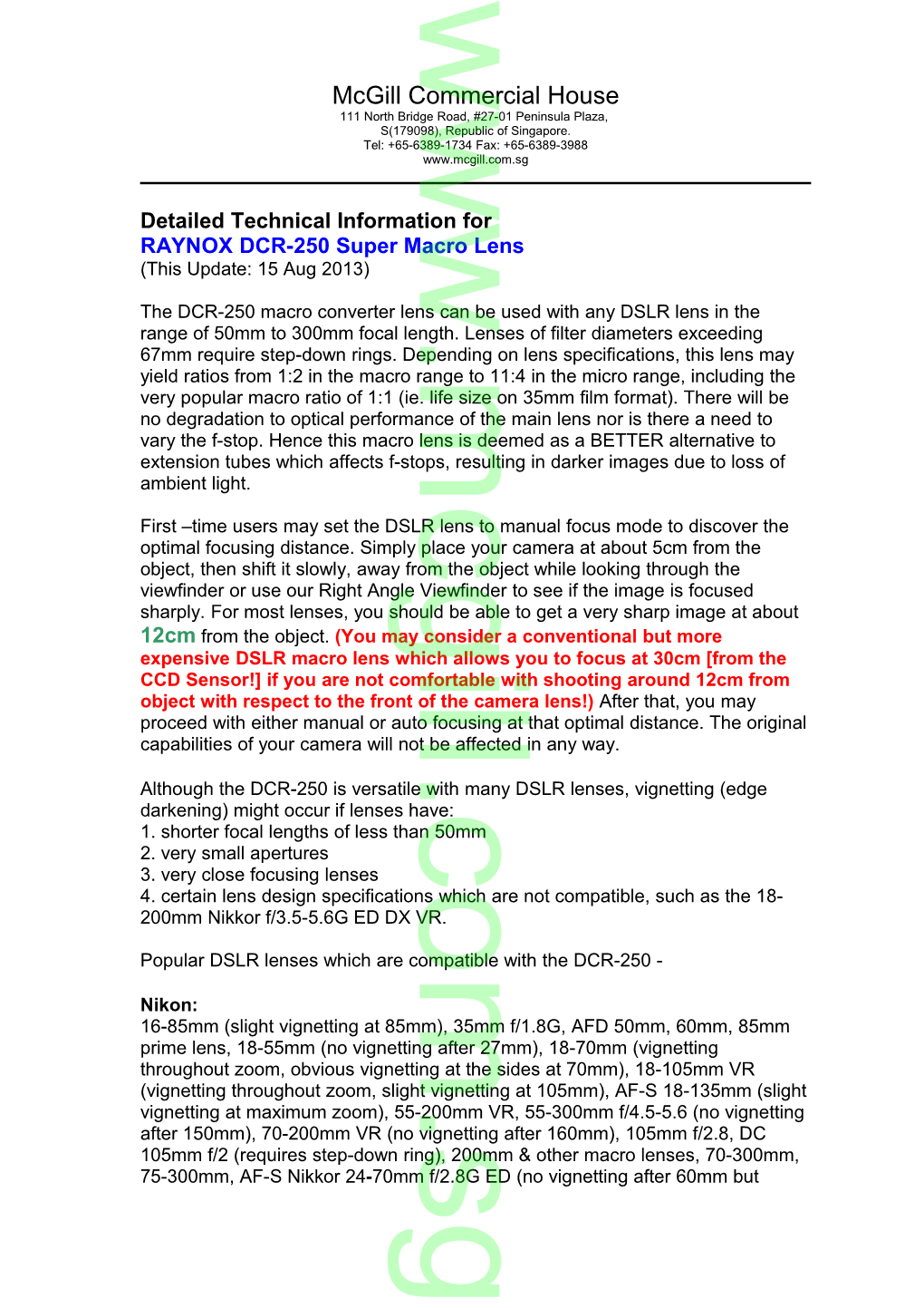 Raynox DCR-250 Technical Information