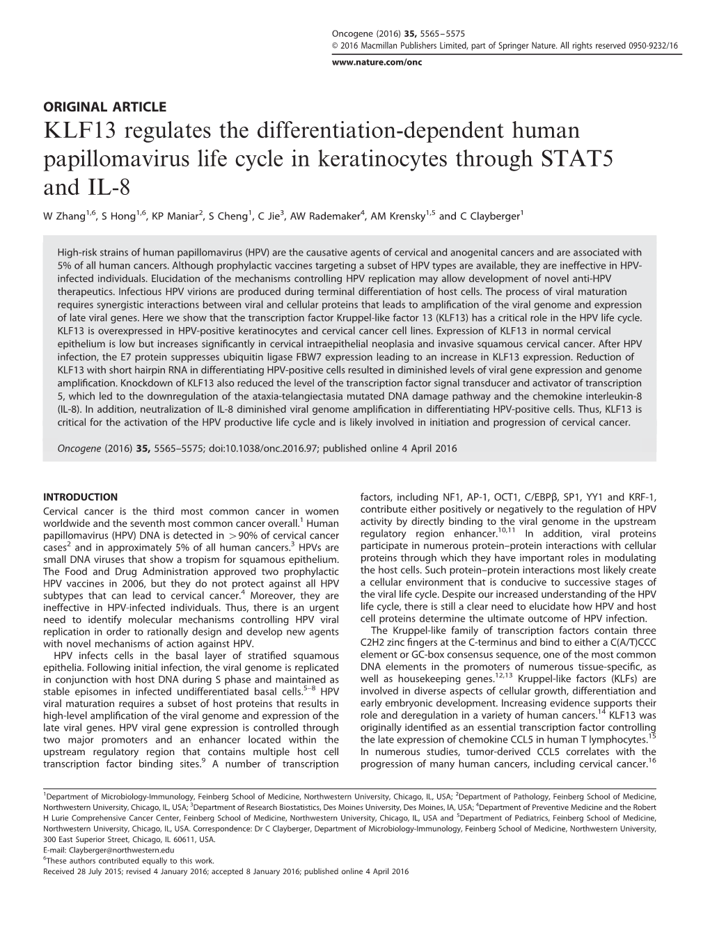 KLF13 Regulates the Differentiation-Dependent Human Papillomavirus Life Cycle in Keratinocytes Through STAT5 and IL-8