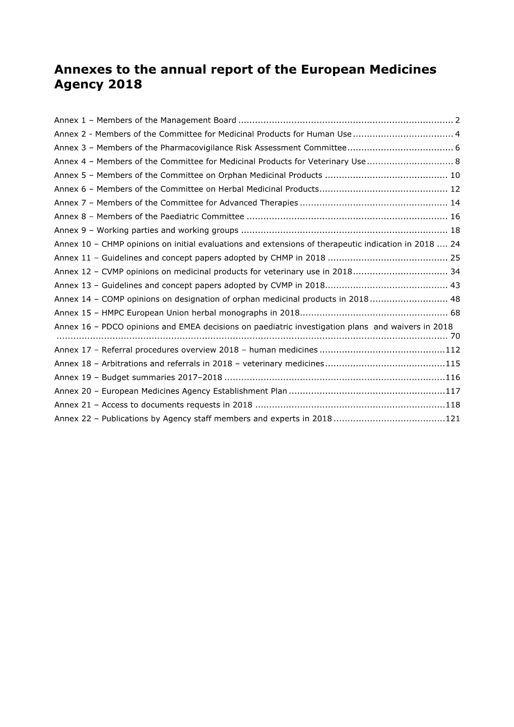 Annexes to the Annual Report of the European Medicines Agency 2018