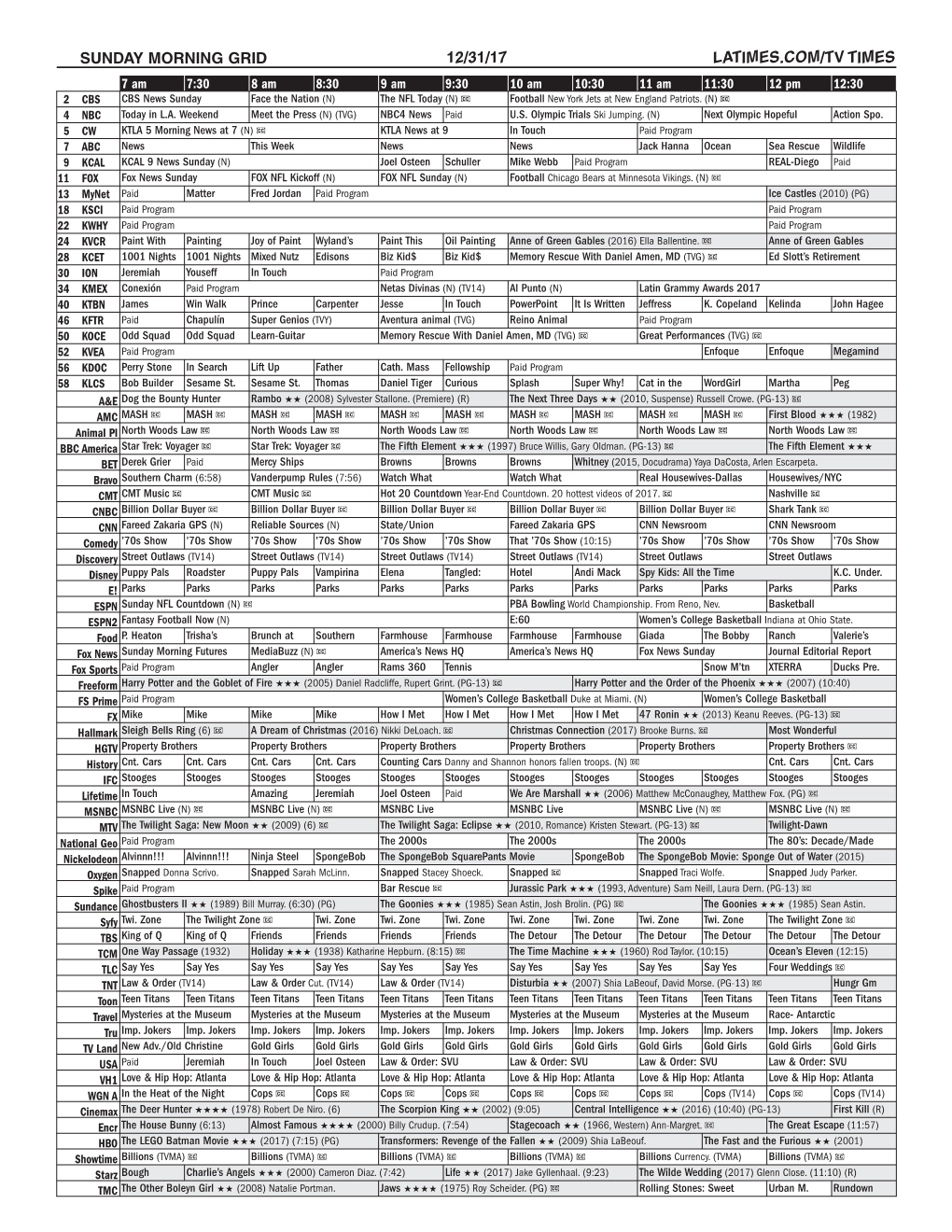 Sunday Morning Grid 12/31/17 Latimes.Com/Tv Times