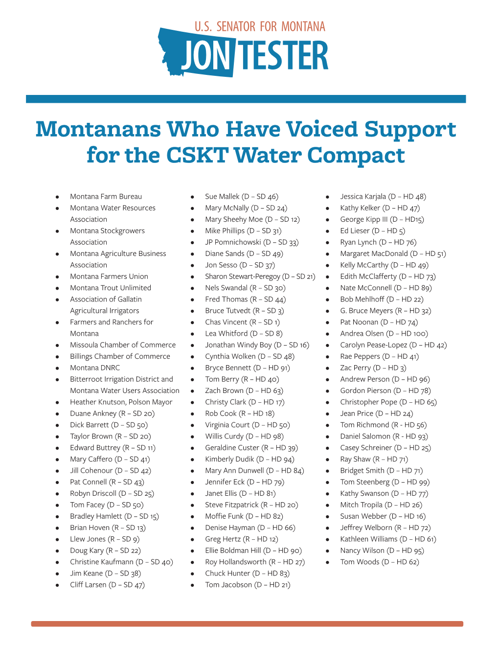 Montanans Who Have Voiced Support for the CSKT Water Compact
