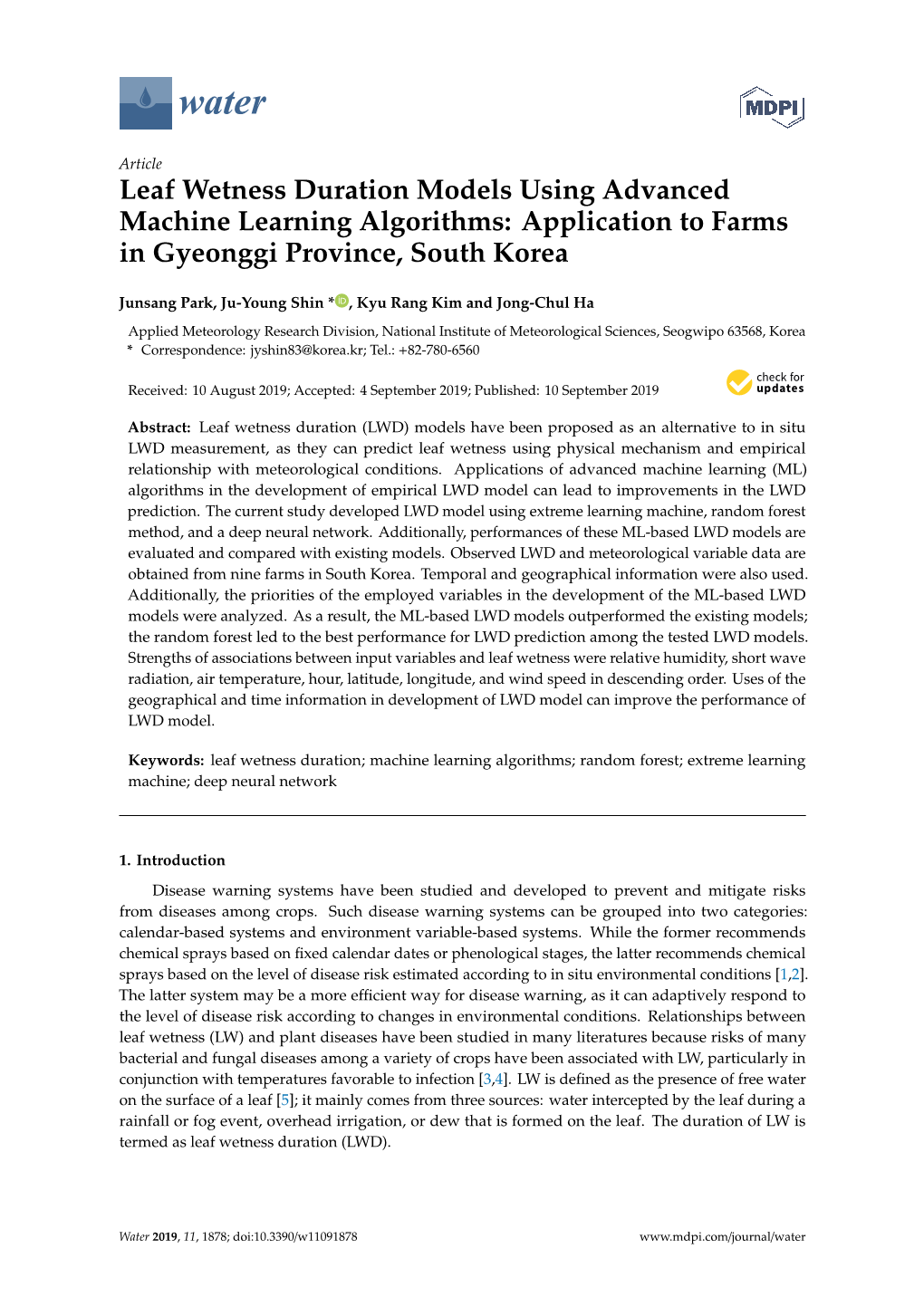 Leaf Wetness Duration Models Using Advanced Machine Learning Algorithms: Application to Farms in Gyeonggi Province, South Korea