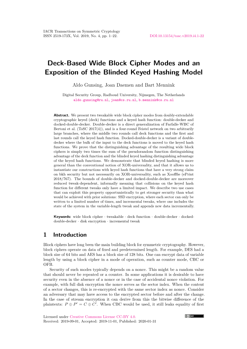 Deck-Based Wide Block Cipher Modes and an Exposition of the Blinded Keyed Hashing Model