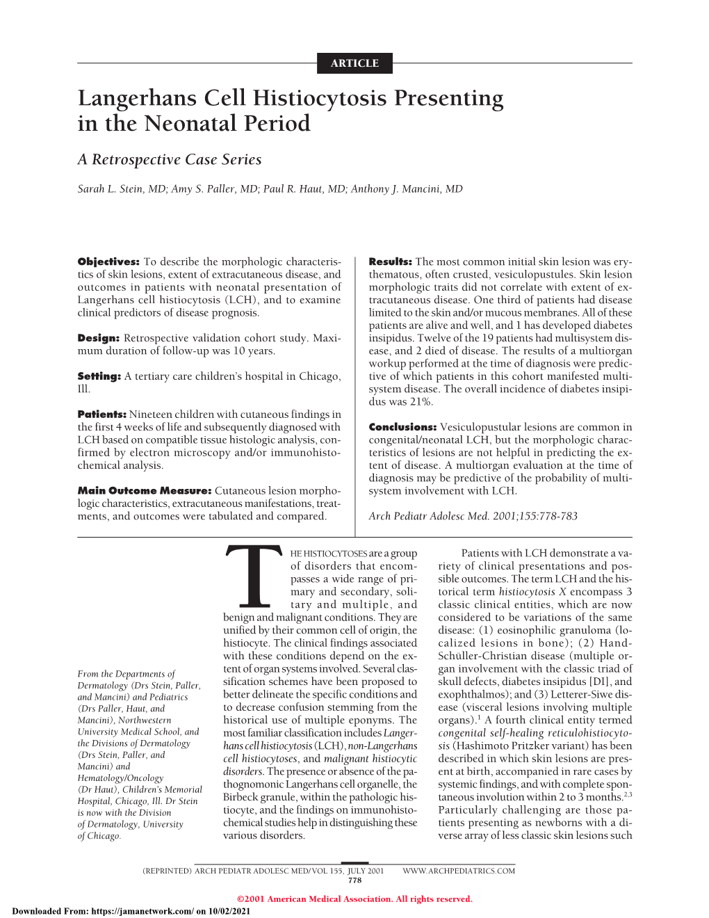 Langerhans Cell Histiocytosis Presenting in the Neonatal Period a Retrospective Case Series