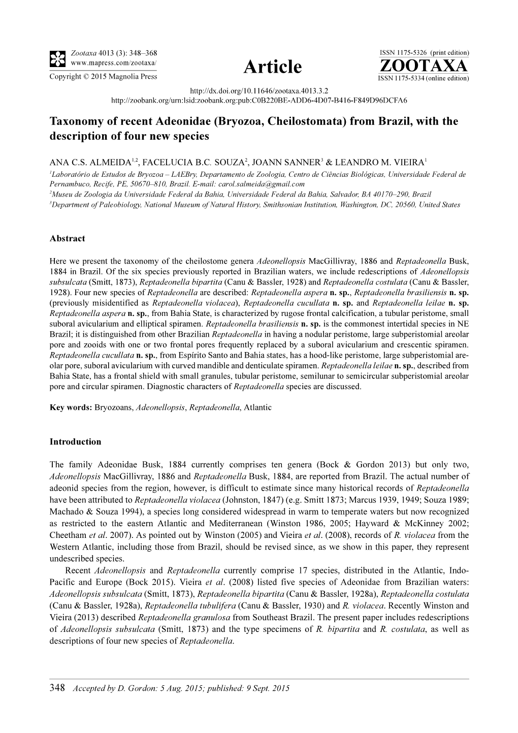 Taxonomy of Recent Adeonidae (Bryozoa, Cheilostomata) from Brazil, with the Description of Four New Species