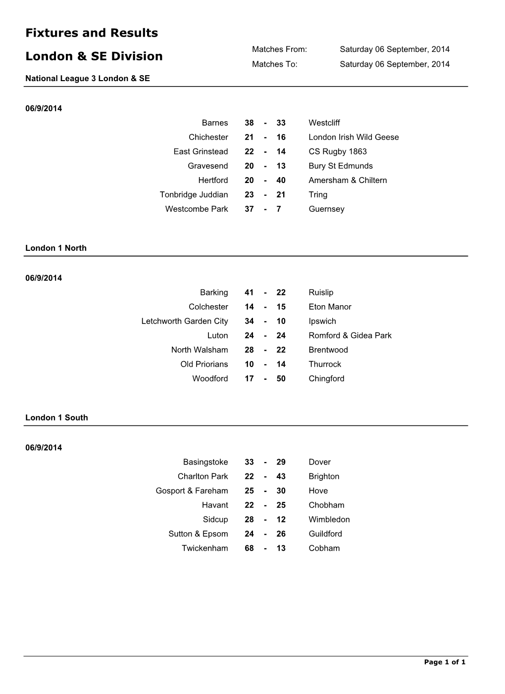 London & SE Division Fixtures and Results