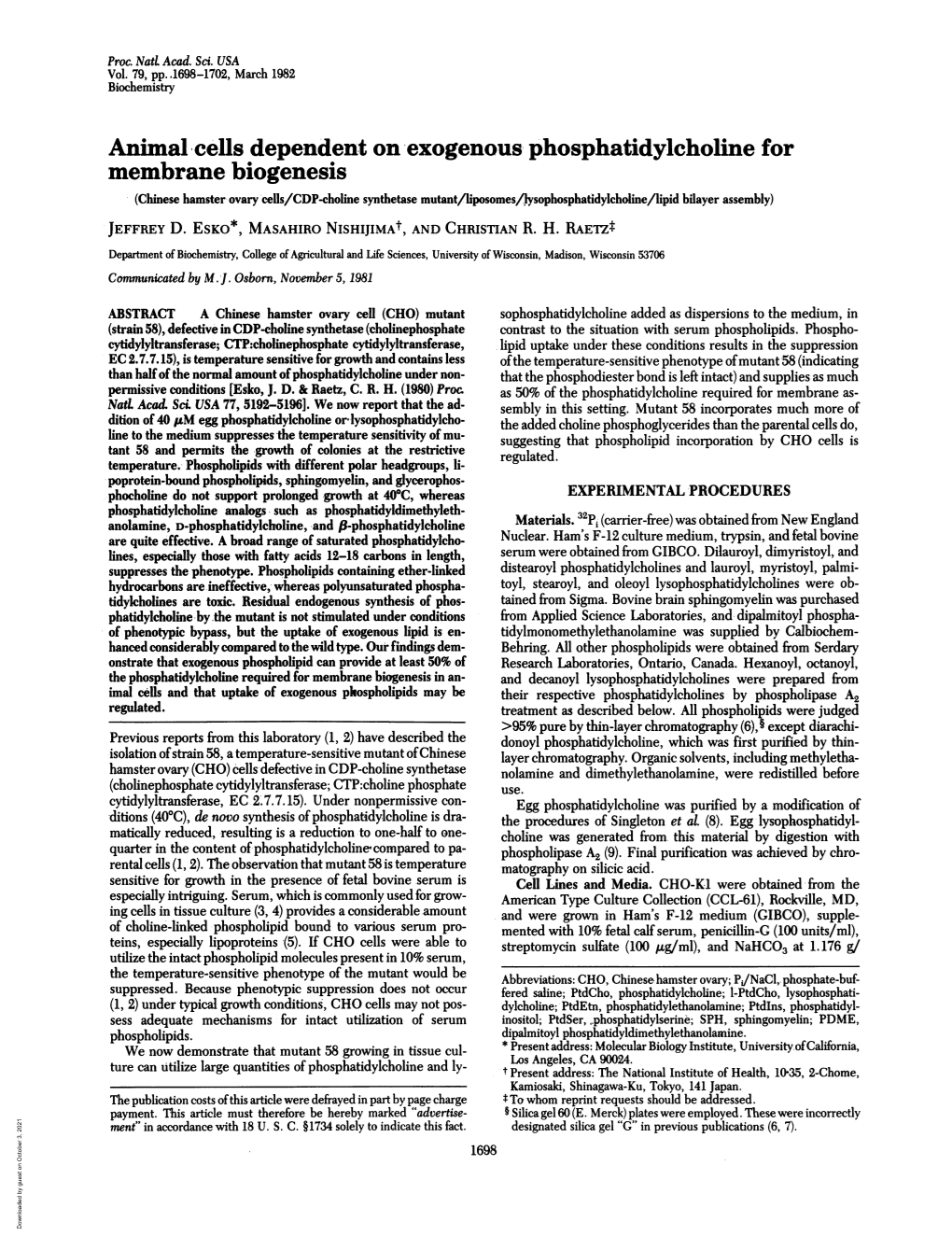 Animal Cells Dependent on Exogenous Phosphatidylcholine for Membrane