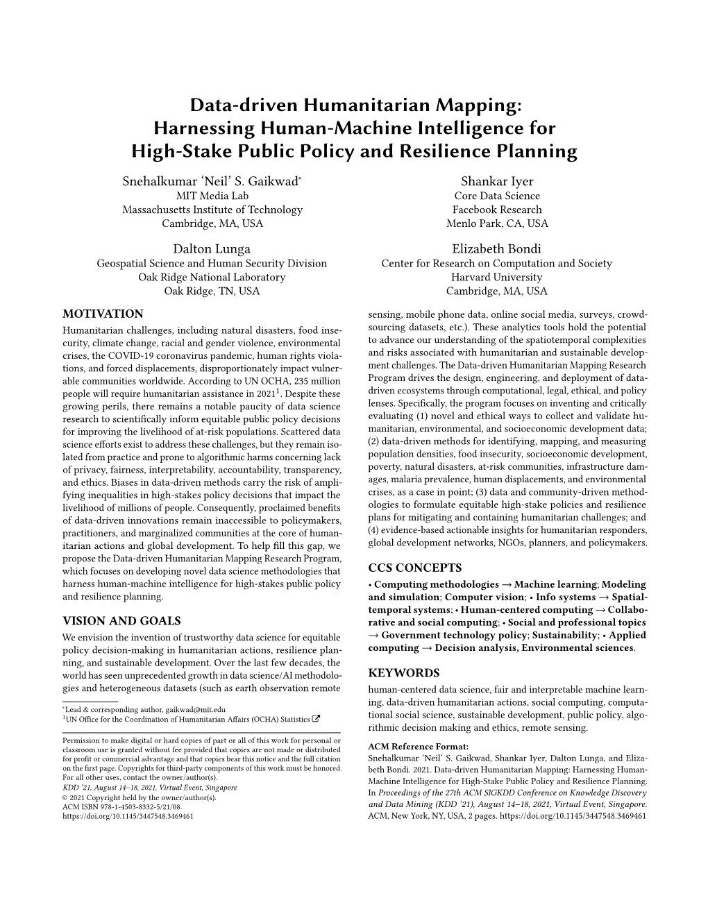 Data-Driven Humanitarian Mapping: Harnessing Human-Machine Intelligence for High-Stake Public Policy and Resilience Planning Snehalkumar ‘Neil’ S