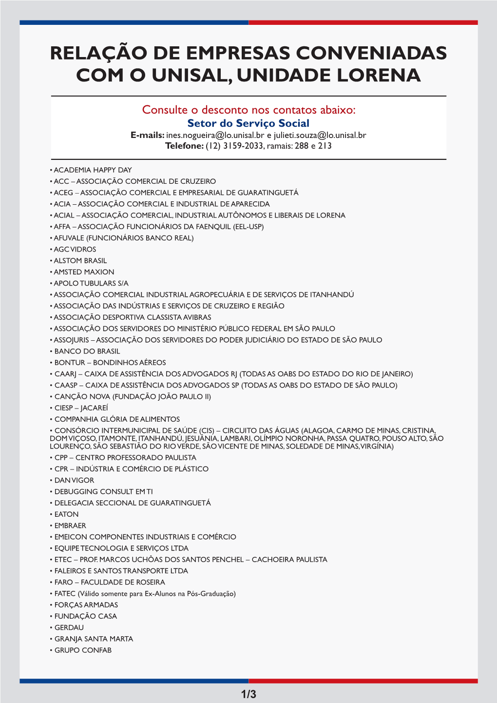 Relação De Empresas Conveniadas Com O Unisal, Unidade Lorena