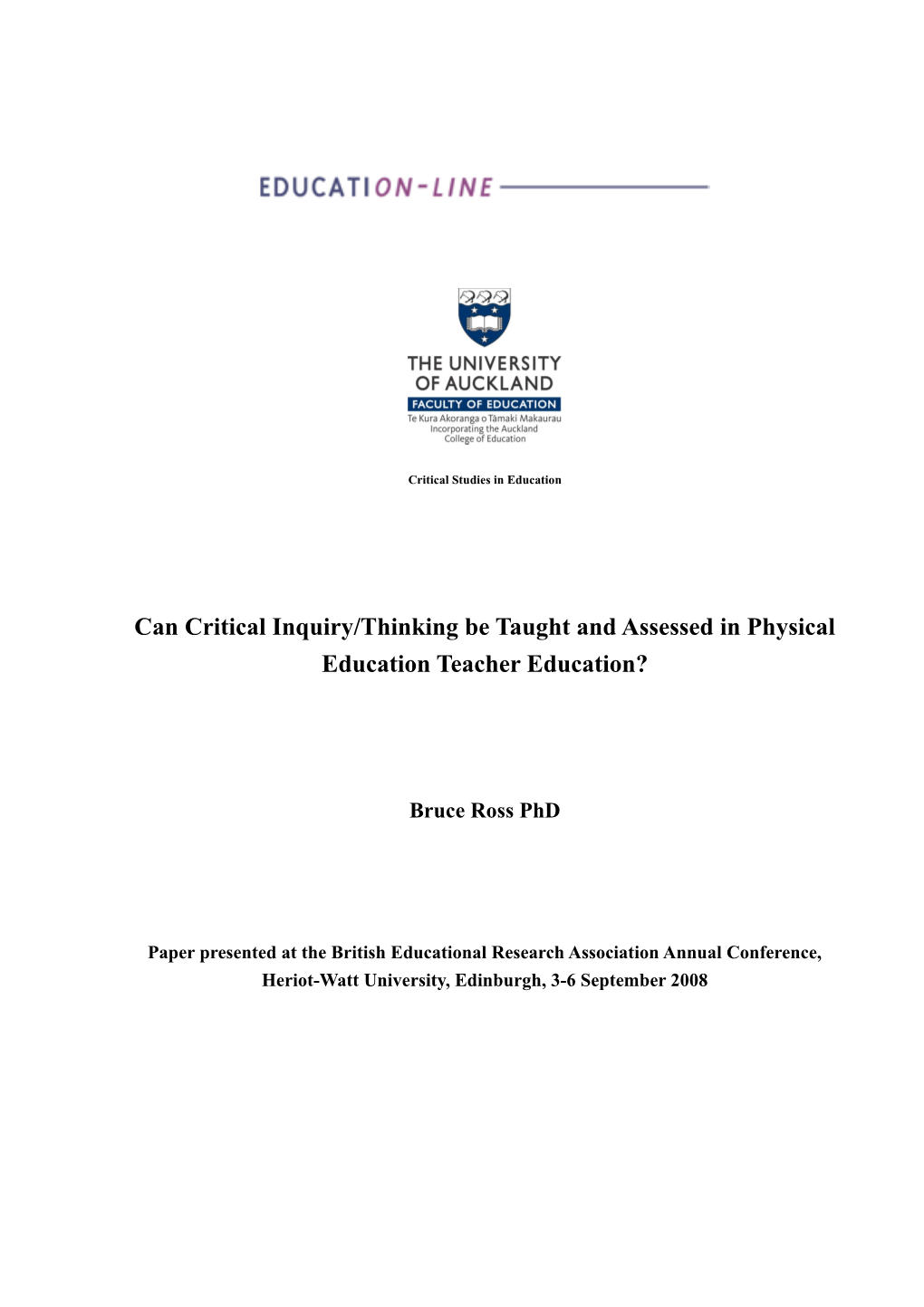 Can Critical Inquiry/Thinking Be Taught and Assessed in Physical Education Teacher Education?