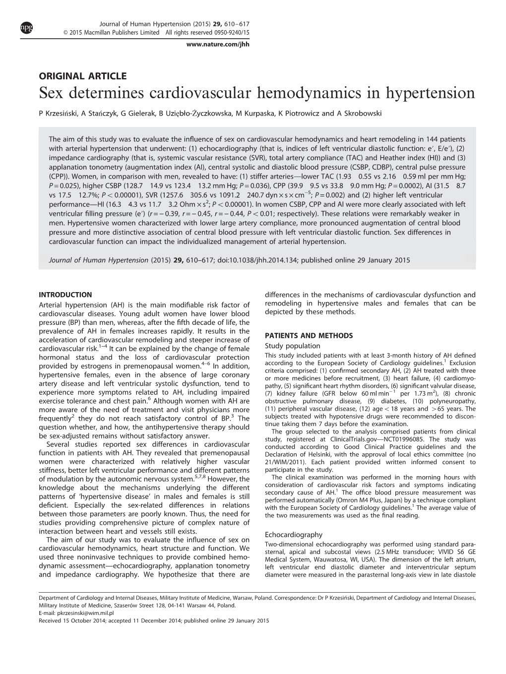 Sex Determines Cardiovascular Hemodynamics in Hypertension